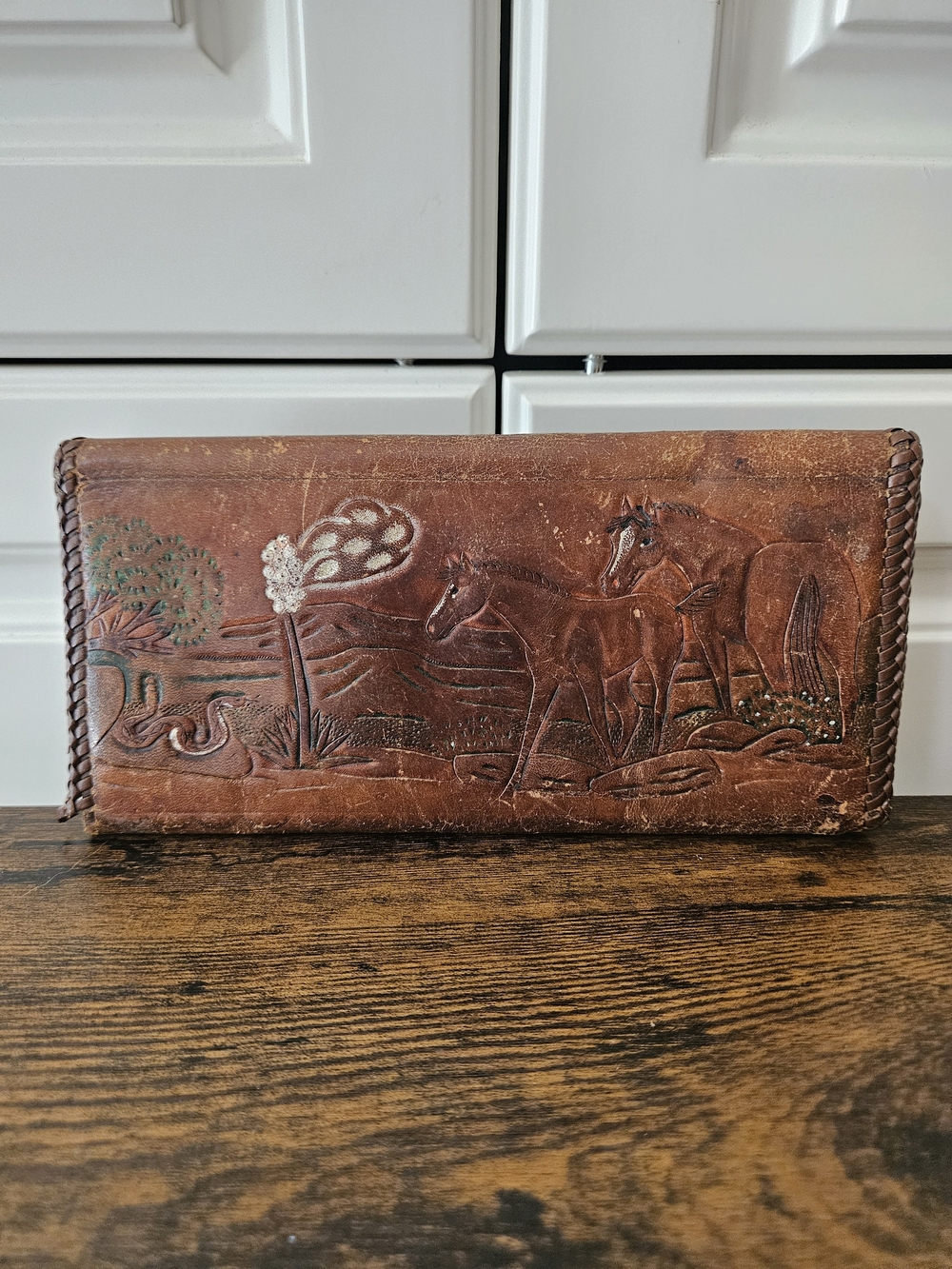 Vintage 50s Tooled Leather Horse Wallet Clutch Western Boho Rustic Cowgirl Chic